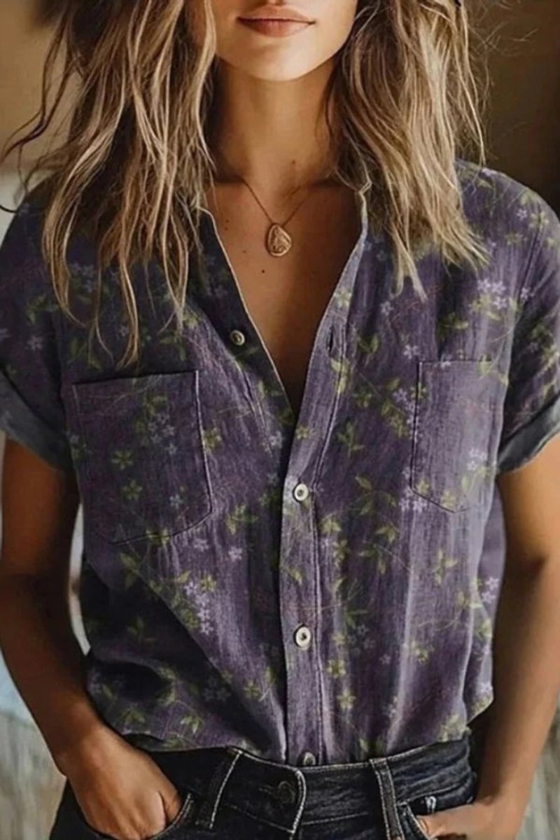 Women's Floral Cotton Short Sleeve Button-Down Blouse