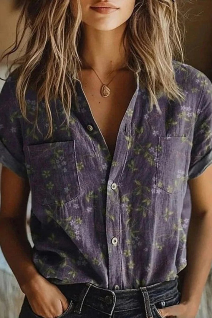 Women's Floral Cotton Short Sleeve Button-Down Blouse