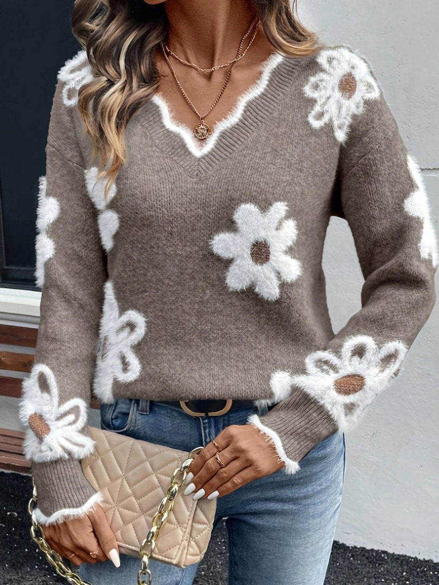 Women's Floral Daisy V-Neck Long Sleeve Knit Sweater - Khaki