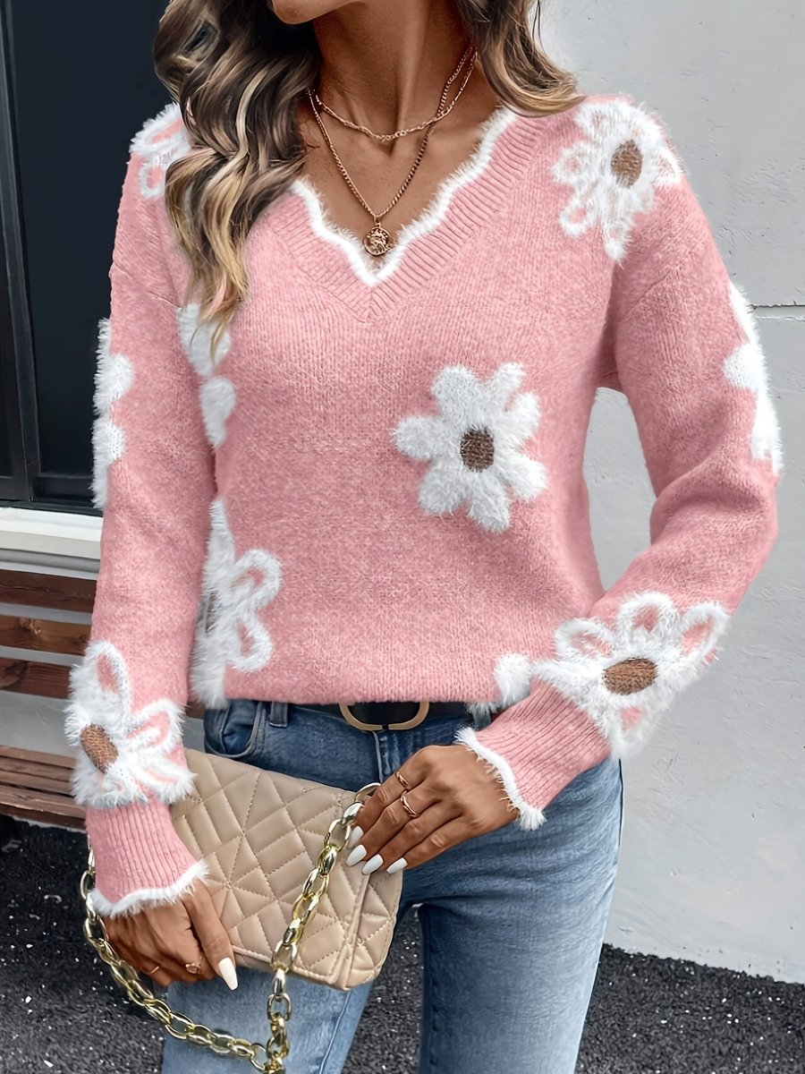 Women's Floral Daisy V-Neck Long Sleeve Knit Sweater