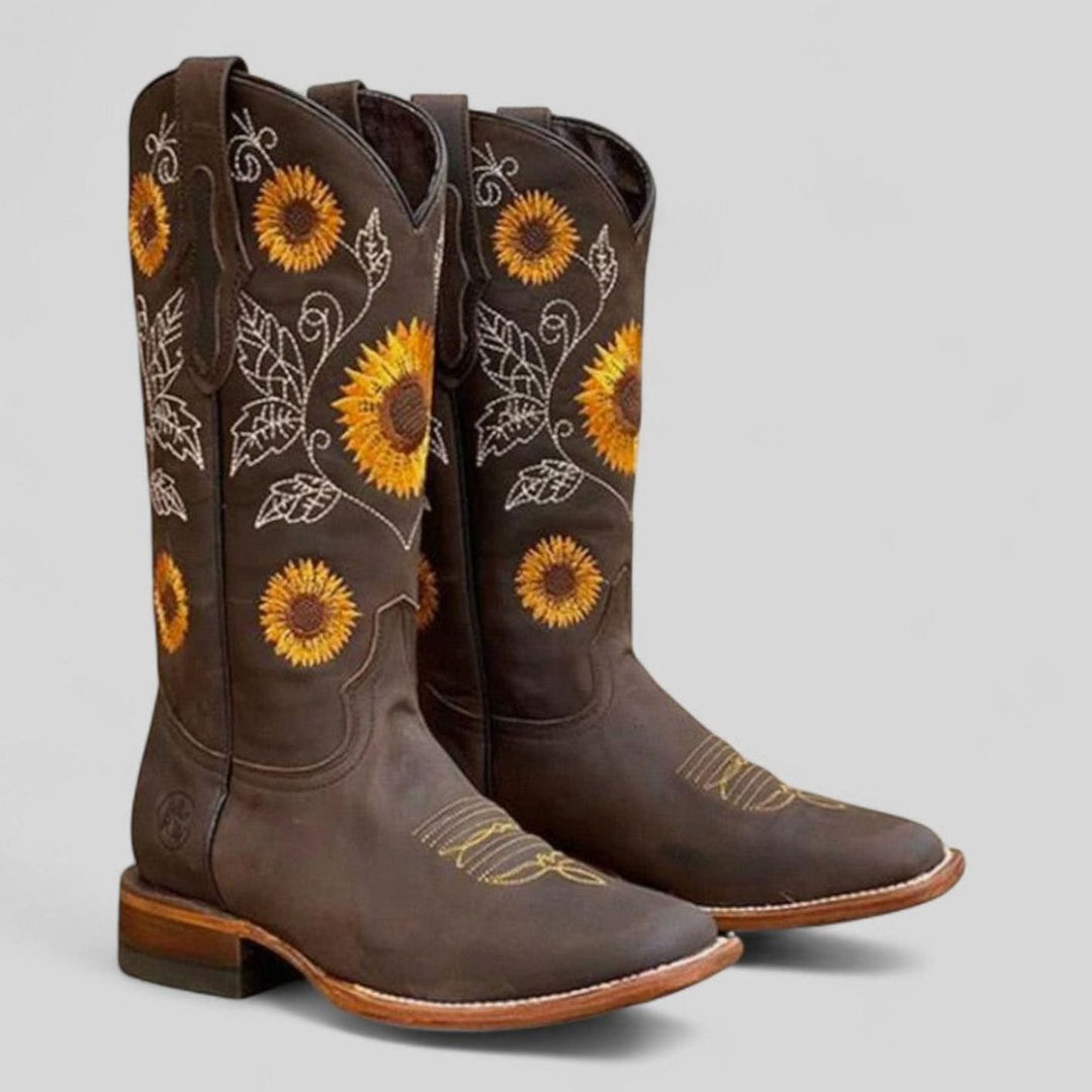 Women's Floral Embroidered Cowgirl Knee High Boots Low Block Heel - Dark Brown
