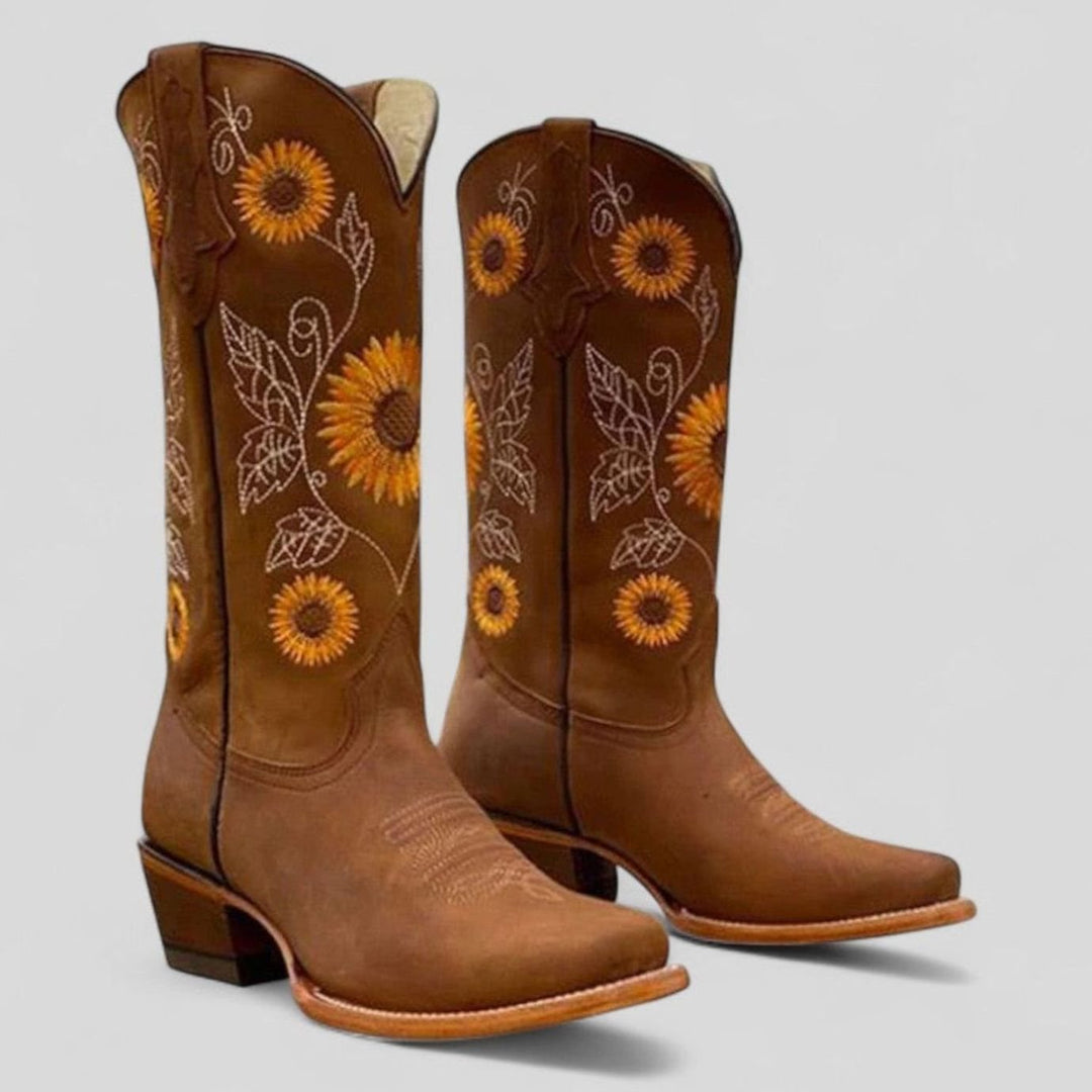 Women's Floral Embroidered Cowgirl Knee High Boots Low Block Heel - Brown