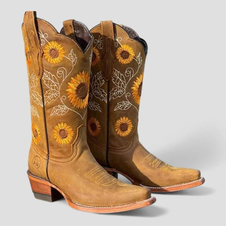 Women's Floral Embroidered Cowgirl Knee High Boots Low Block Heel - Khaki