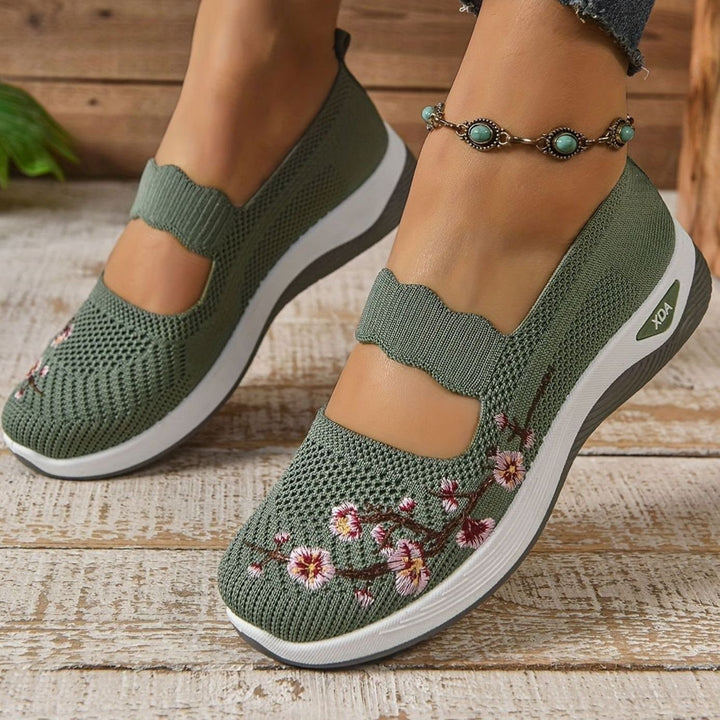 Women's Floral Embroidered Mary Jane Orthopedic Slip-On Sneakers - Green