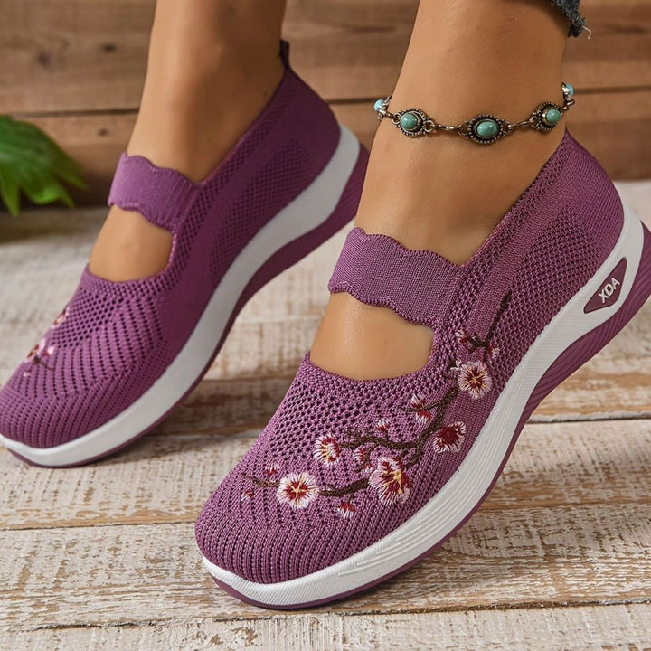 Women's Floral Embroidered Mary Jane Orthopedic Slip-On Sneakers - Purple