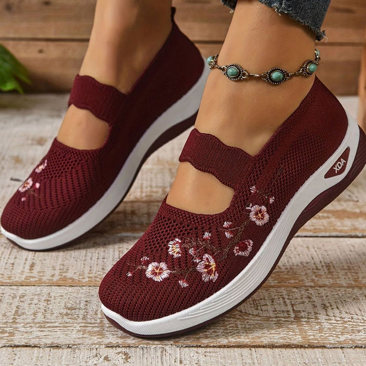 Women's Floral Embroidered Mary Jane Orthopedic Slip-On Sneakers - Red