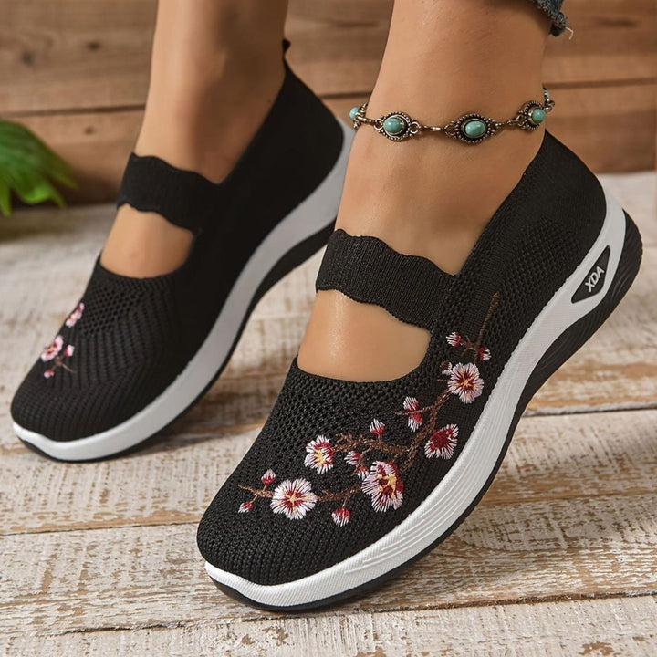 Women's Floral Embroidered Mary Jane Orthopedic Slip-On Sneakers - Black