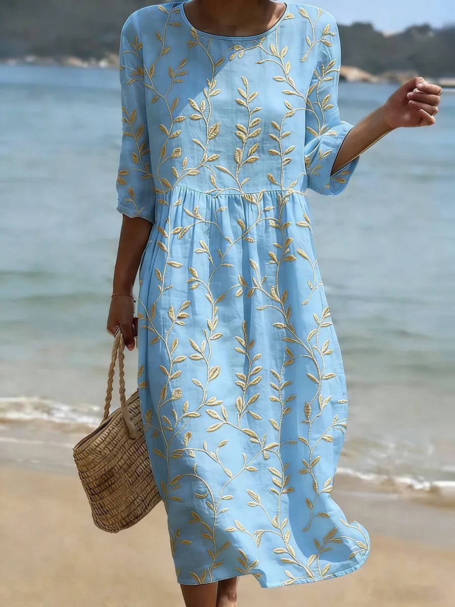 Women's Floral Embroidered Midi Party Dress Round Neck - Blue