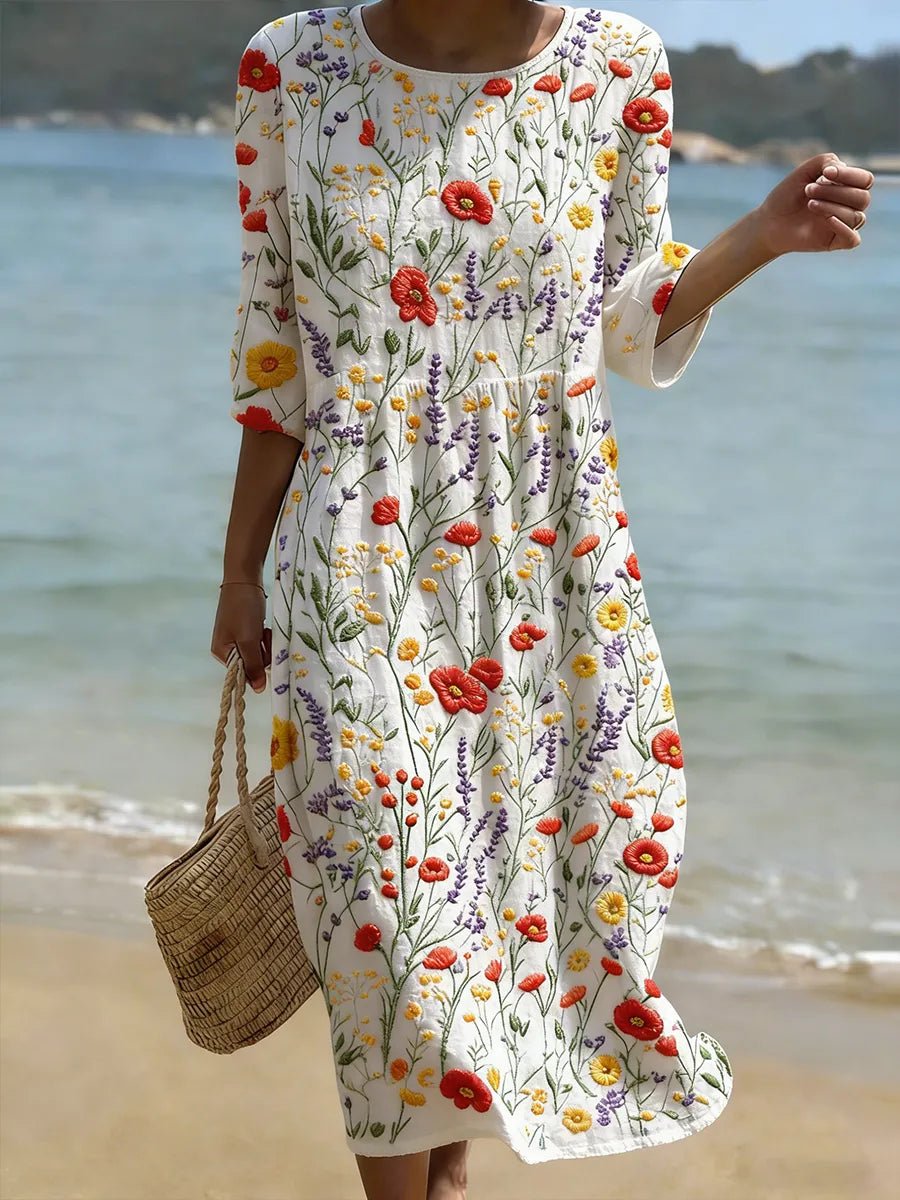 Women's Floral Embroidered Midi Party Dress Round Neck - White