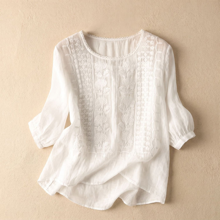 Women's Floral Embroidered Relaxed-Fit 3/4 Sleeve Blouse - White