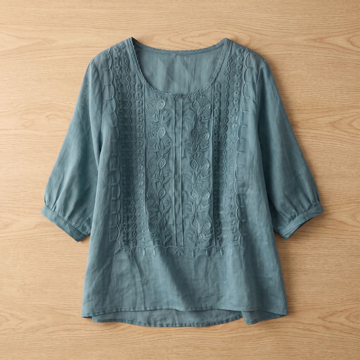 Women's Floral Embroidered Relaxed-Fit 3/4 Sleeve Blouse - Blue