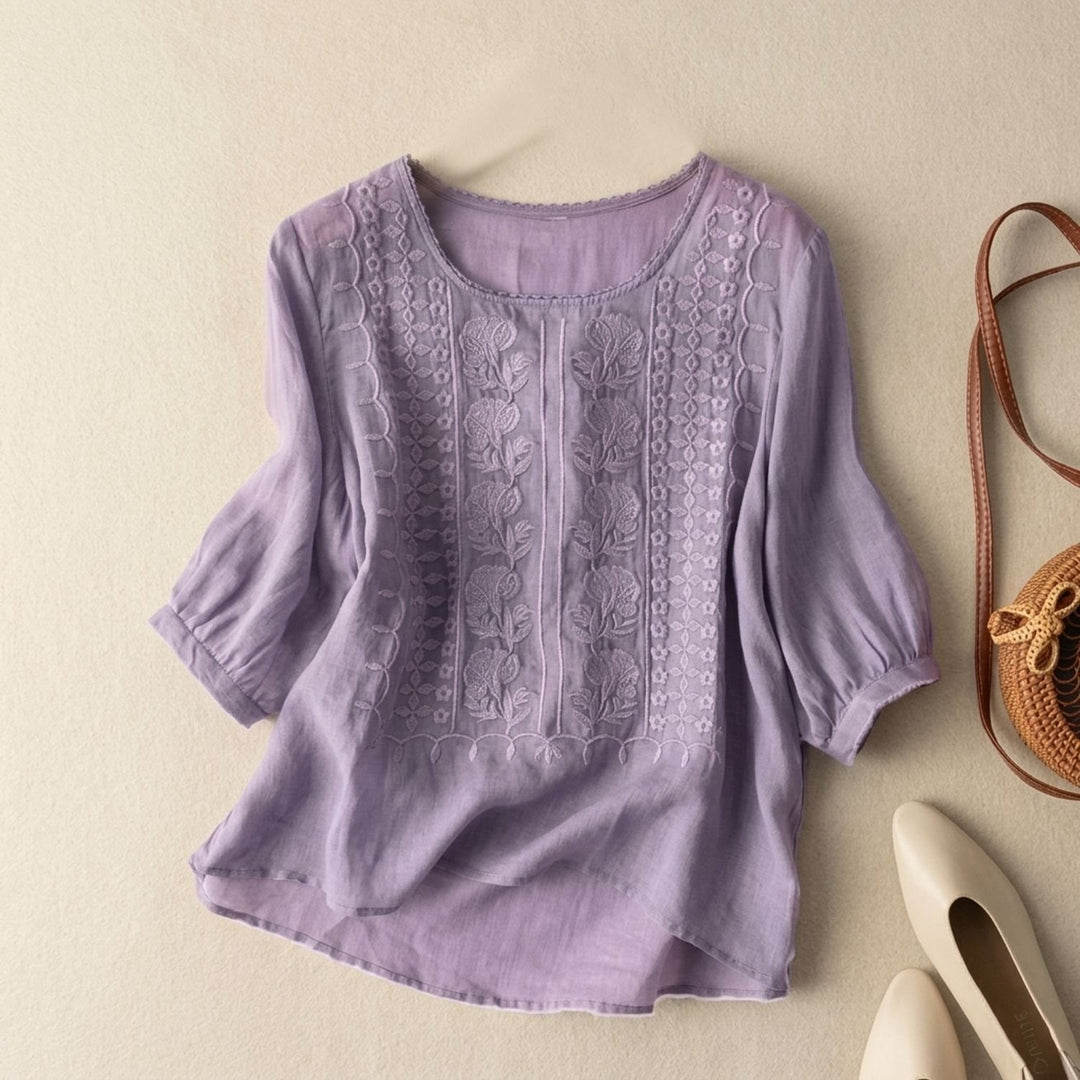 Women's Floral Embroidered Relaxed-Fit 3/4 Sleeve Blouse - Purple