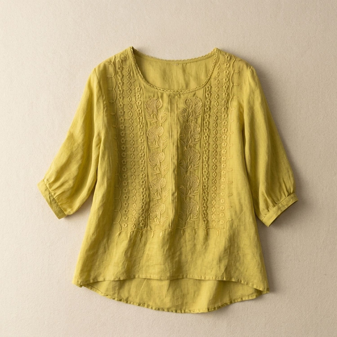 Women's Floral Embroidered Relaxed-Fit 3/4 Sleeve Blouse - Yellow