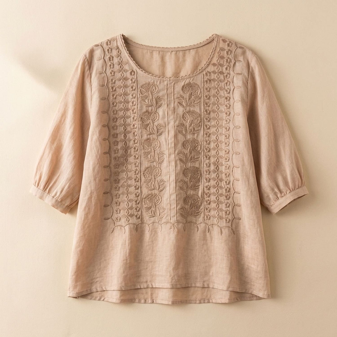 Women's Floral Embroidered Relaxed-Fit 3/4 Sleeve Blouse - Beige