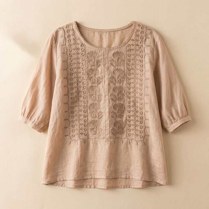 Women's Floral Embroidered Relaxed-Fit 3/4 Sleeve Blouse - Beige
