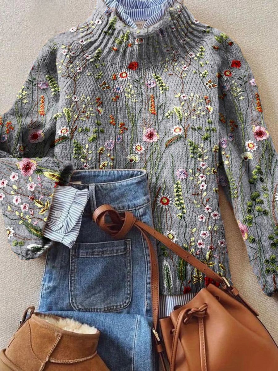 Women's Floral Embroidered Relaxed-Fit Turtleneck Sweater - Multicolor