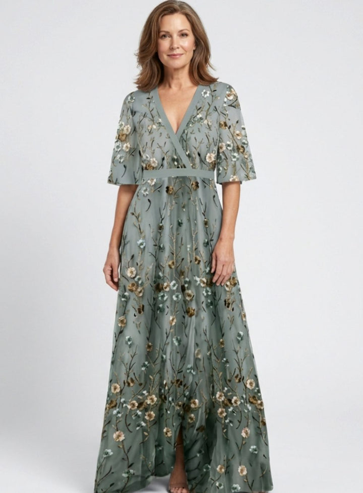 Women's Floral Embroidered V-Neck Flutter Sleeve Maxi Dress - Green