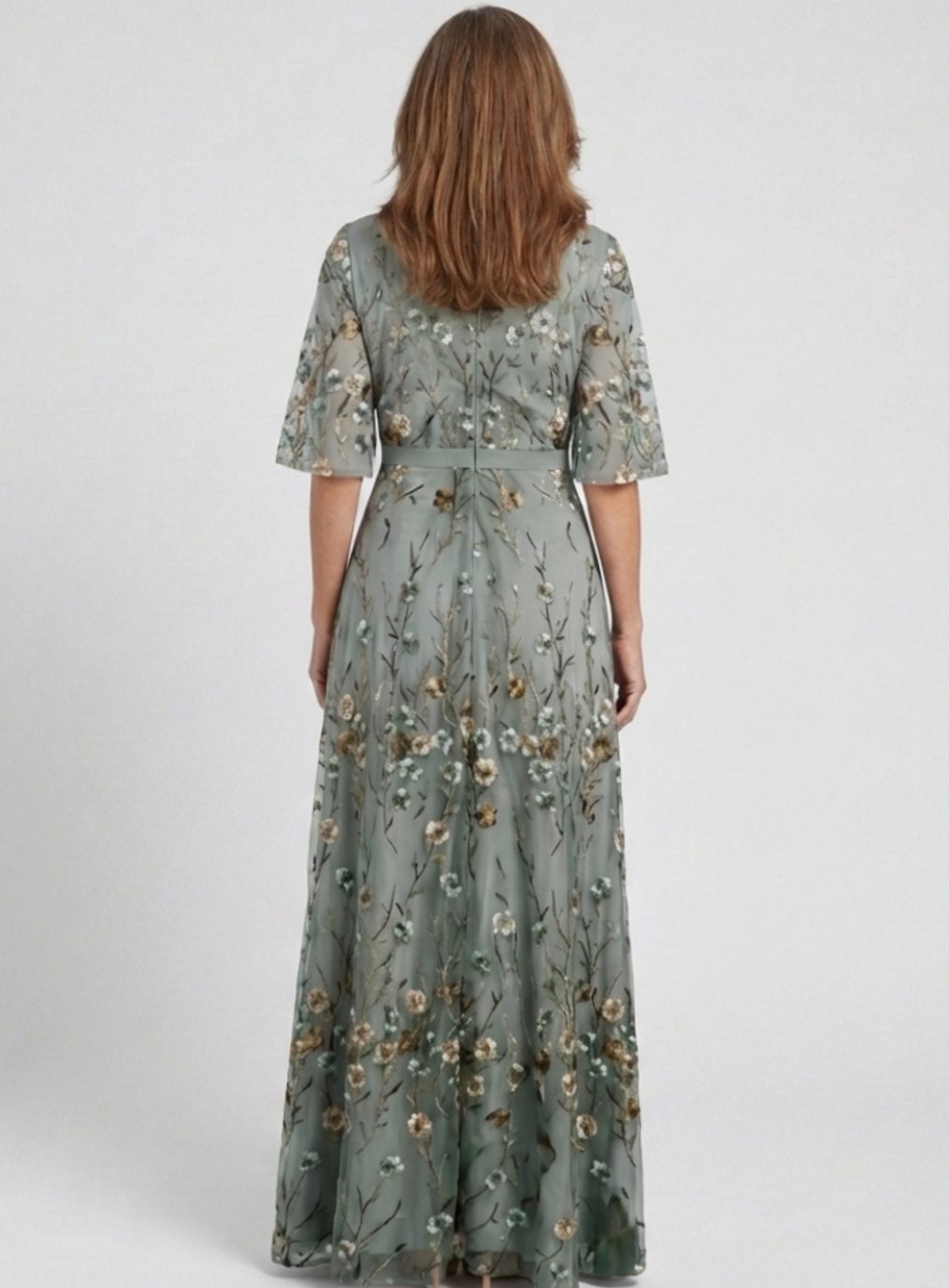 Women's Floral Embroidered V-Neck Flutter Sleeve Maxi Dress