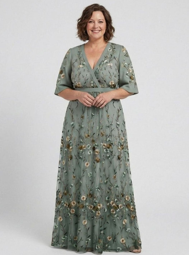 Women's Floral Embroidered V-Neck Flutter Sleeve Maxi Dress
