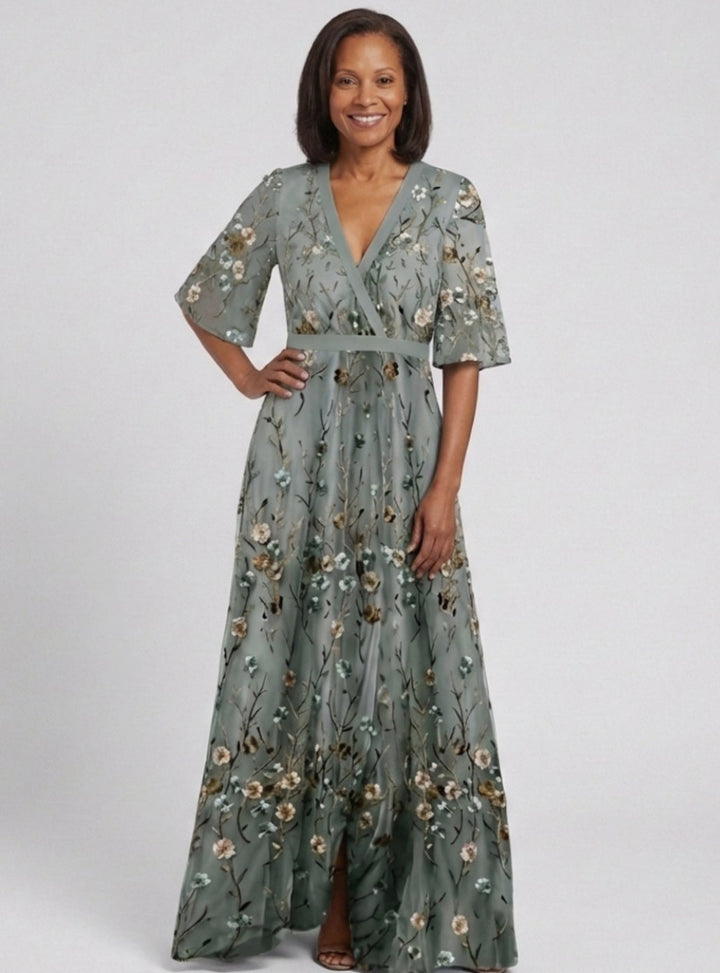 Women's Floral Embroidered V-Neck Flutter Sleeve Maxi Dress