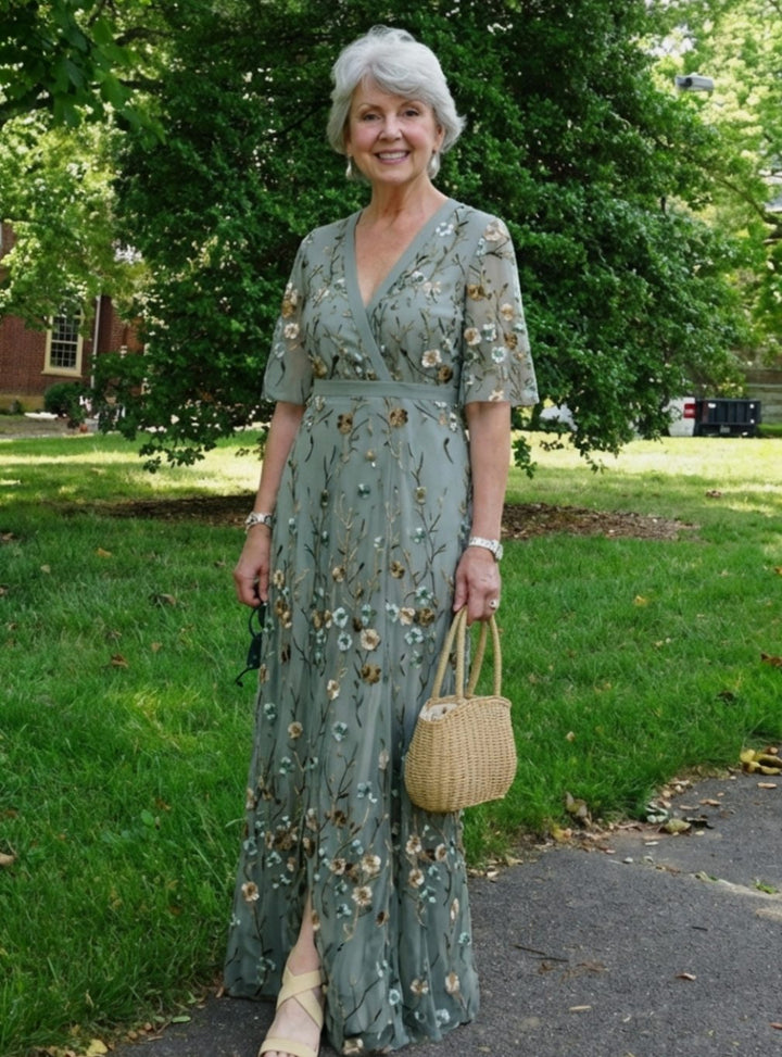 Women's Floral Embroidered V-Neck Flutter Sleeve Maxi Dress