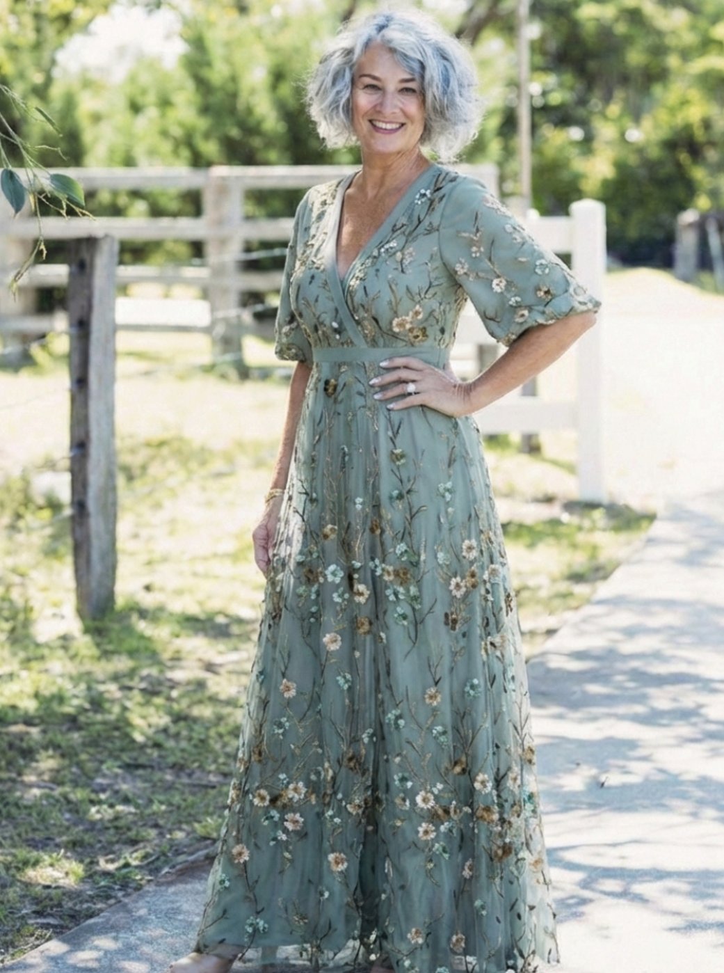 Women's Floral Embroidered V-Neck Flutter Sleeve Maxi Dress