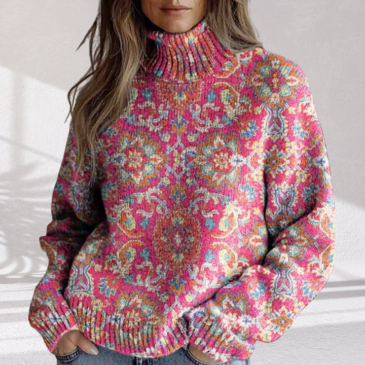 Women's Floral Knit Oversized Turtleneck Sweater - Pink