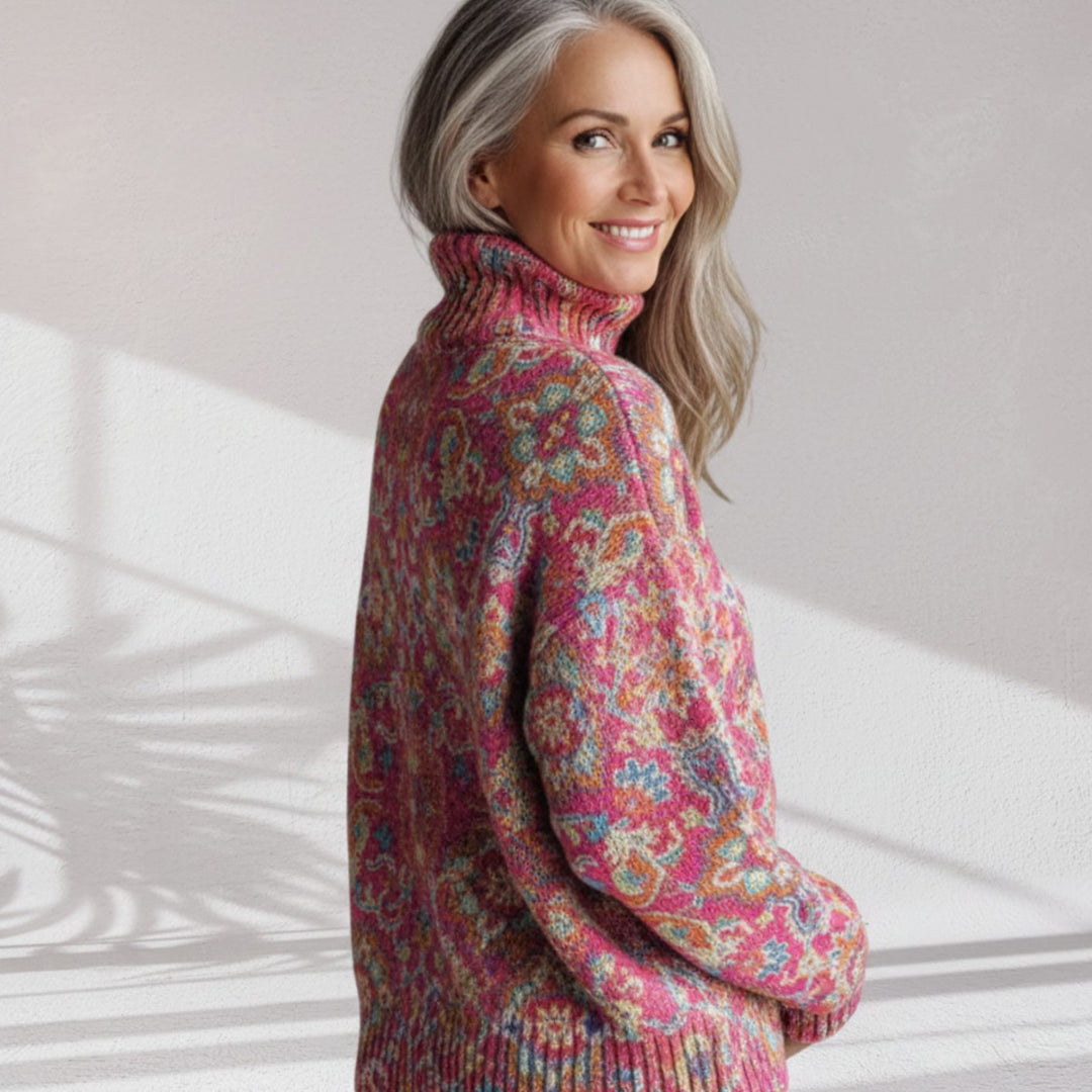Women's Floral Knit Oversized Turtleneck Sweater