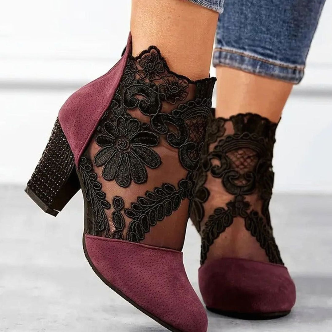Women's Floral Lace Block-Heel Ankle Boots Heels - Red