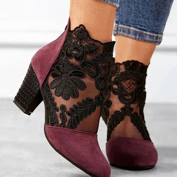Women's Floral Lace Block-Heel Ankle Boots Heels - Red