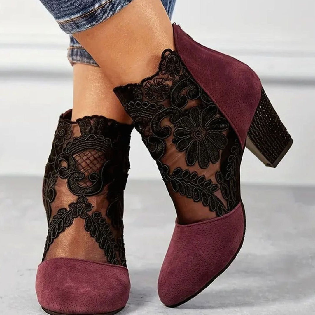 Women's Floral Lace Block-Heel Ankle Boots Heels