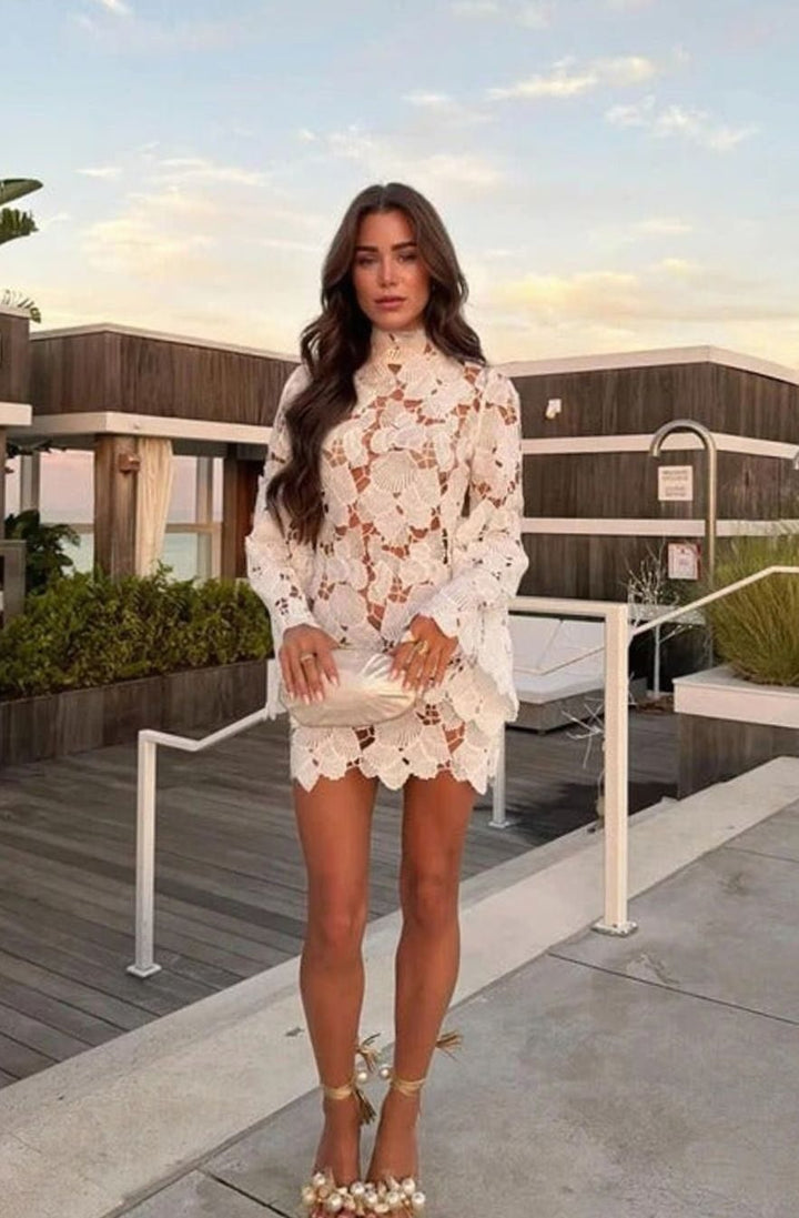 Women's Floral Lace High-Neck Long-Sleeve Mini Cocktail Dress - White