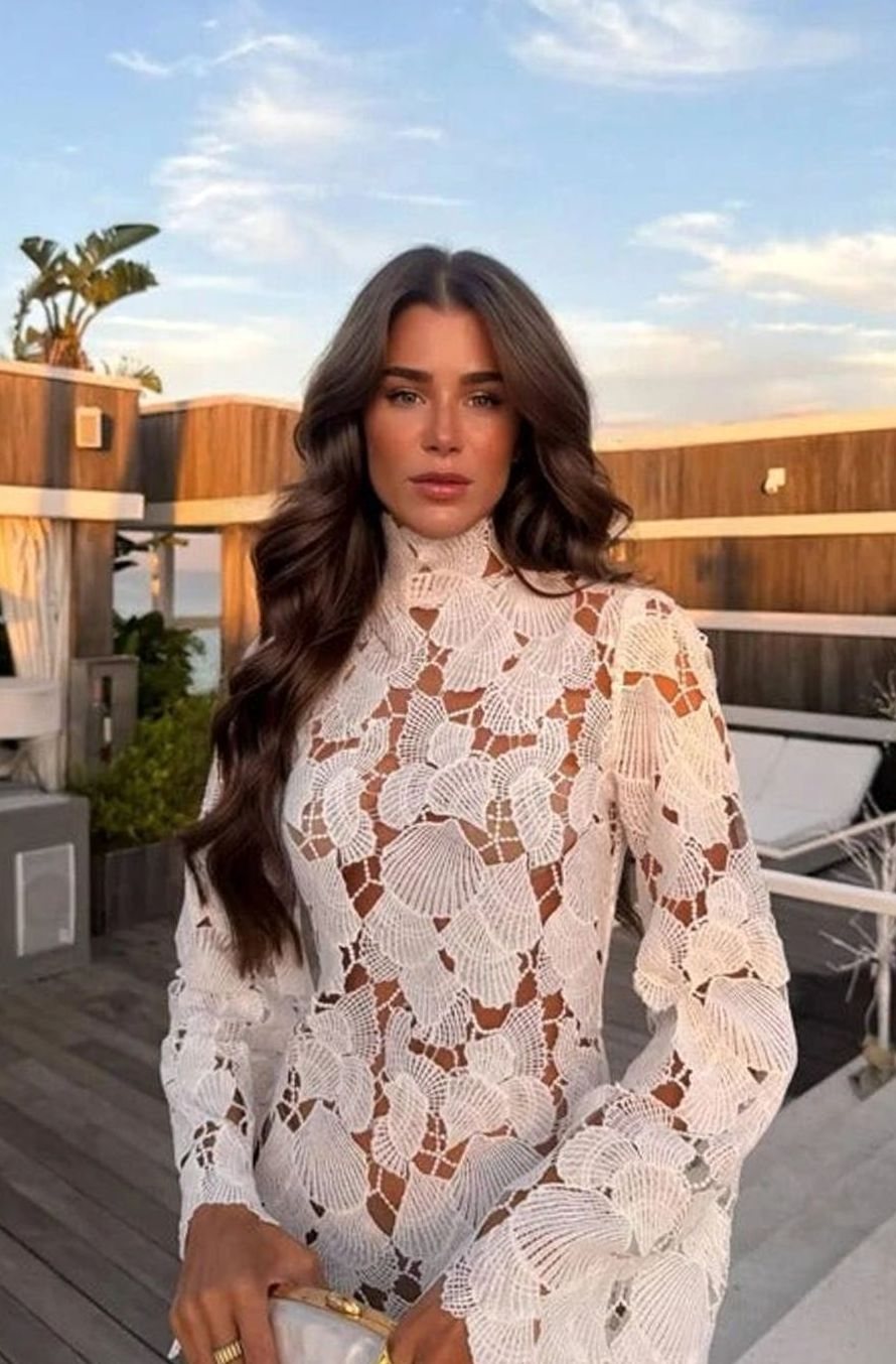 Women's Floral Lace High-Neck Long-Sleeve Mini Cocktail Dress