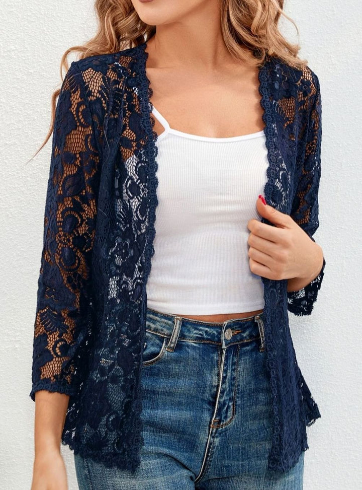 Women's Floral Lace Open-Front 3/4 Sleeve Cardigan