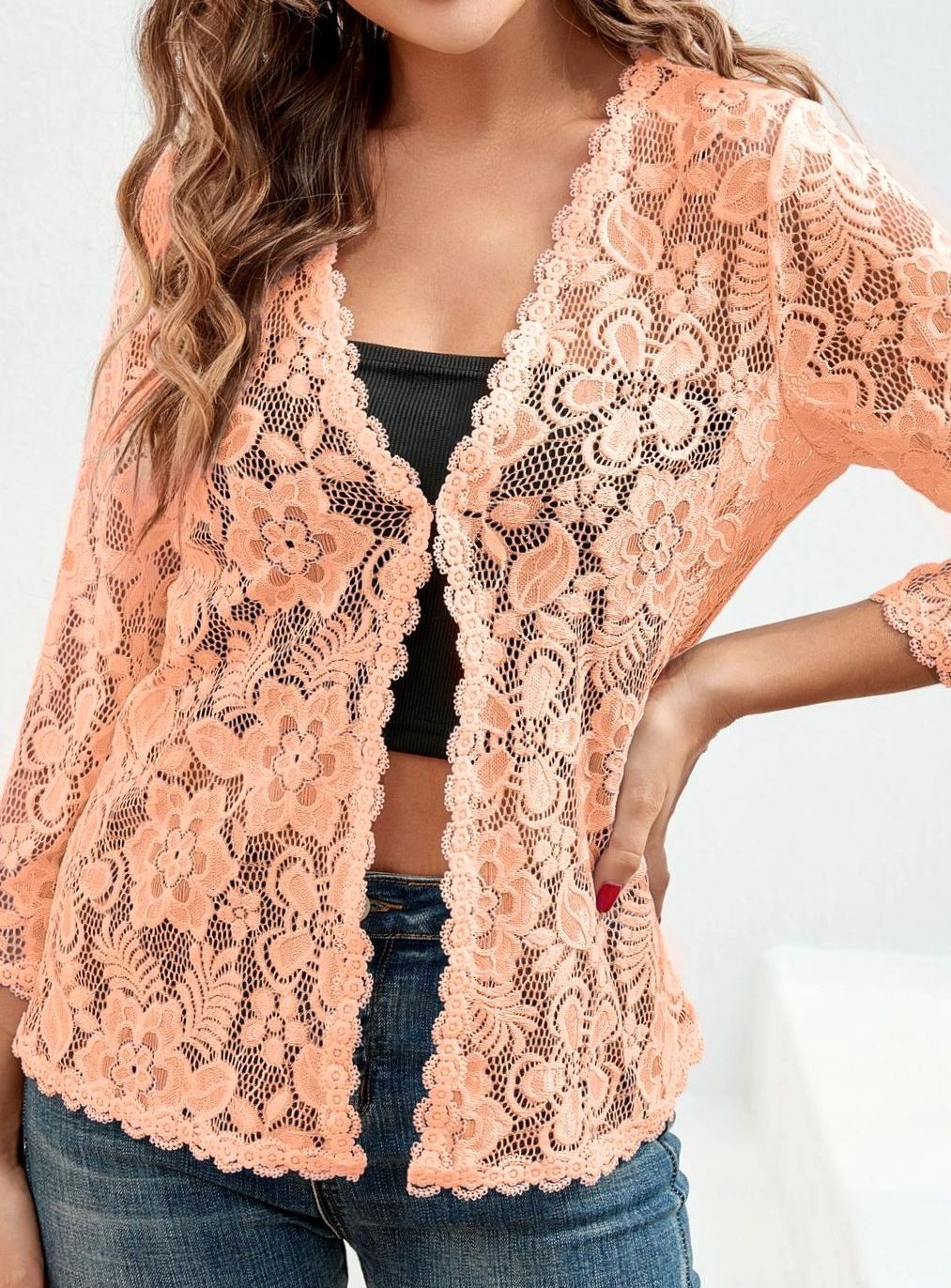 Women's Floral Lace Open-Front 3/4 Sleeve Cardigan