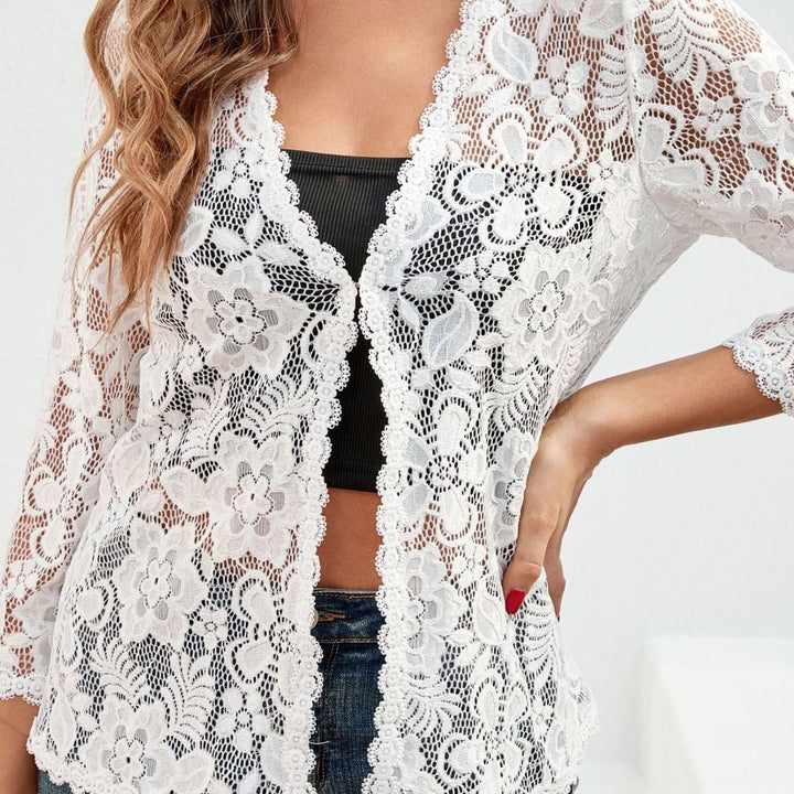 Women's Floral Lace Open-Front 3/4 Sleeve Cardigan - White