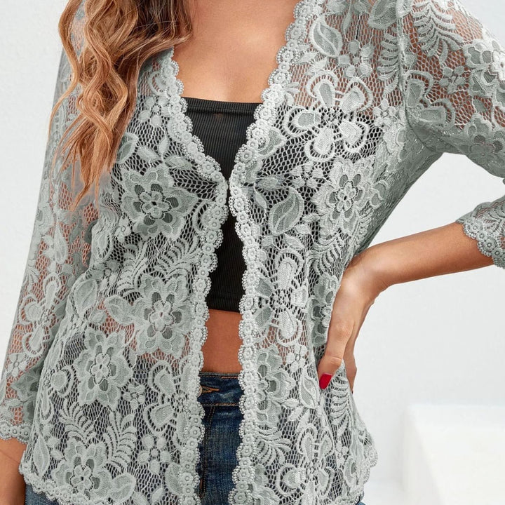 Women's Floral Lace Open-Front 3/4 Sleeve Cardigan - Silver Grey