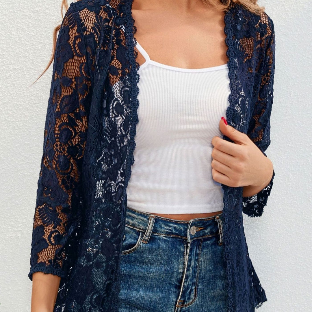 Women's Floral Lace Open-Front 3/4 Sleeve Cardigan - Navy Blue