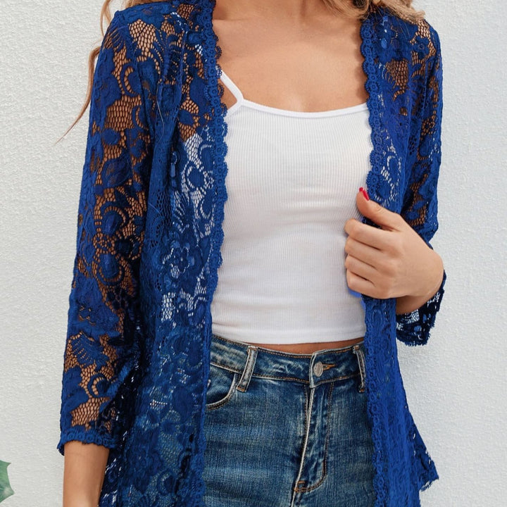 Women's Floral Lace Open-Front 3/4 Sleeve Cardigan - Blue
