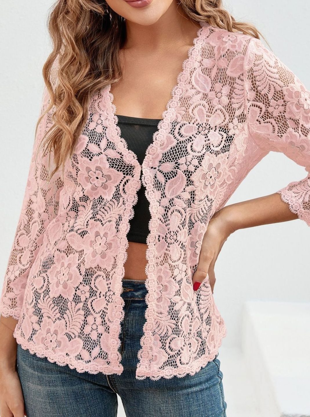 Women's Floral Lace Open-Front 3/4 Sleeve Cardigan