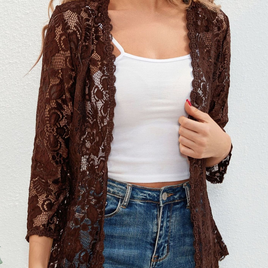 Women's Floral Lace Open-Front 3/4 Sleeve Cardigan - Coffee Brown