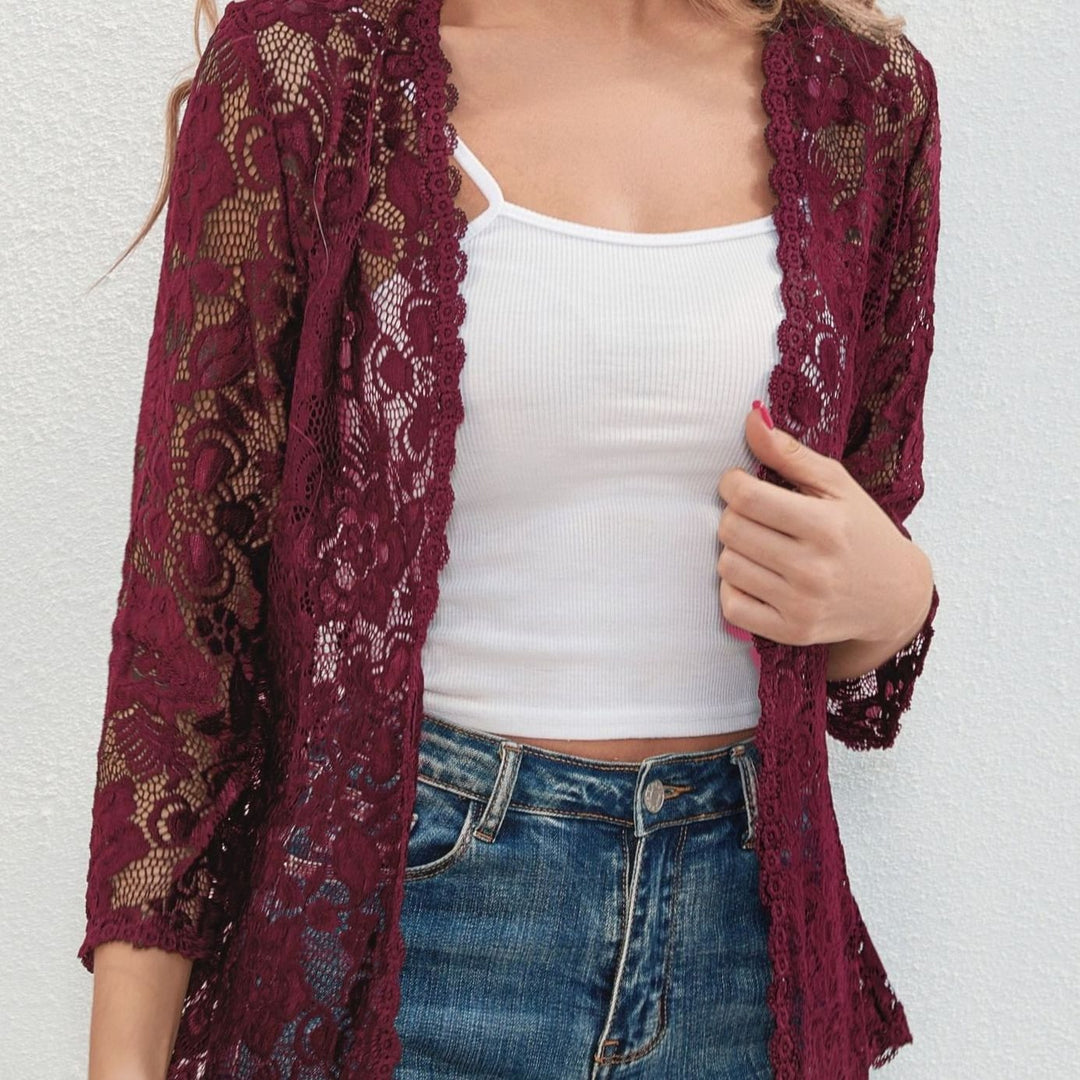 Women's Floral Lace Open-Front 3/4 Sleeve Cardigan - Wine Red