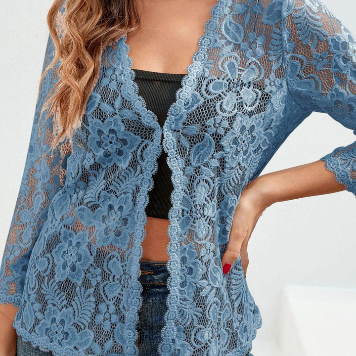 Women's Floral Lace Open-Front 3/4 Sleeve Cardigan - Dodger Blue