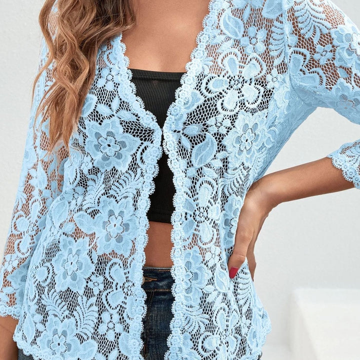 Women's Floral Lace Open-Front 3/4 Sleeve Cardigan - Light Blue