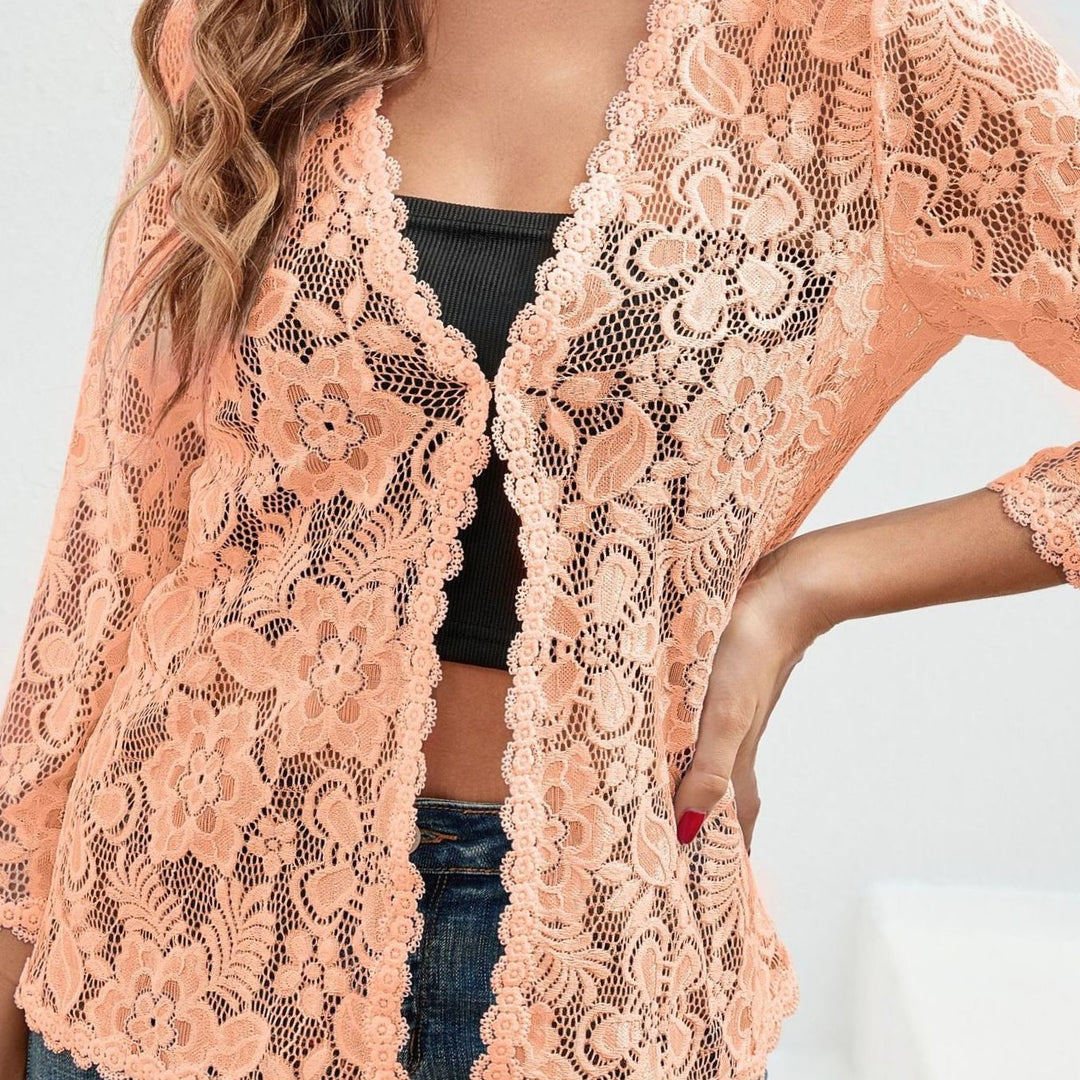 Women's Floral Lace Open-Front 3/4 Sleeve Cardigan - Orange Red