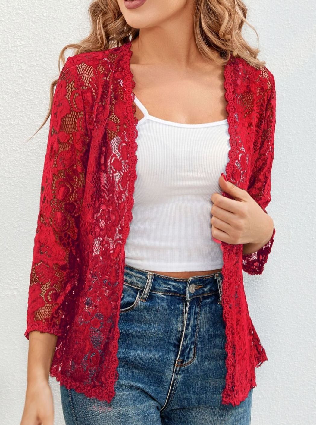Women's Floral Lace Open-Front 3/4 Sleeve Cardigan