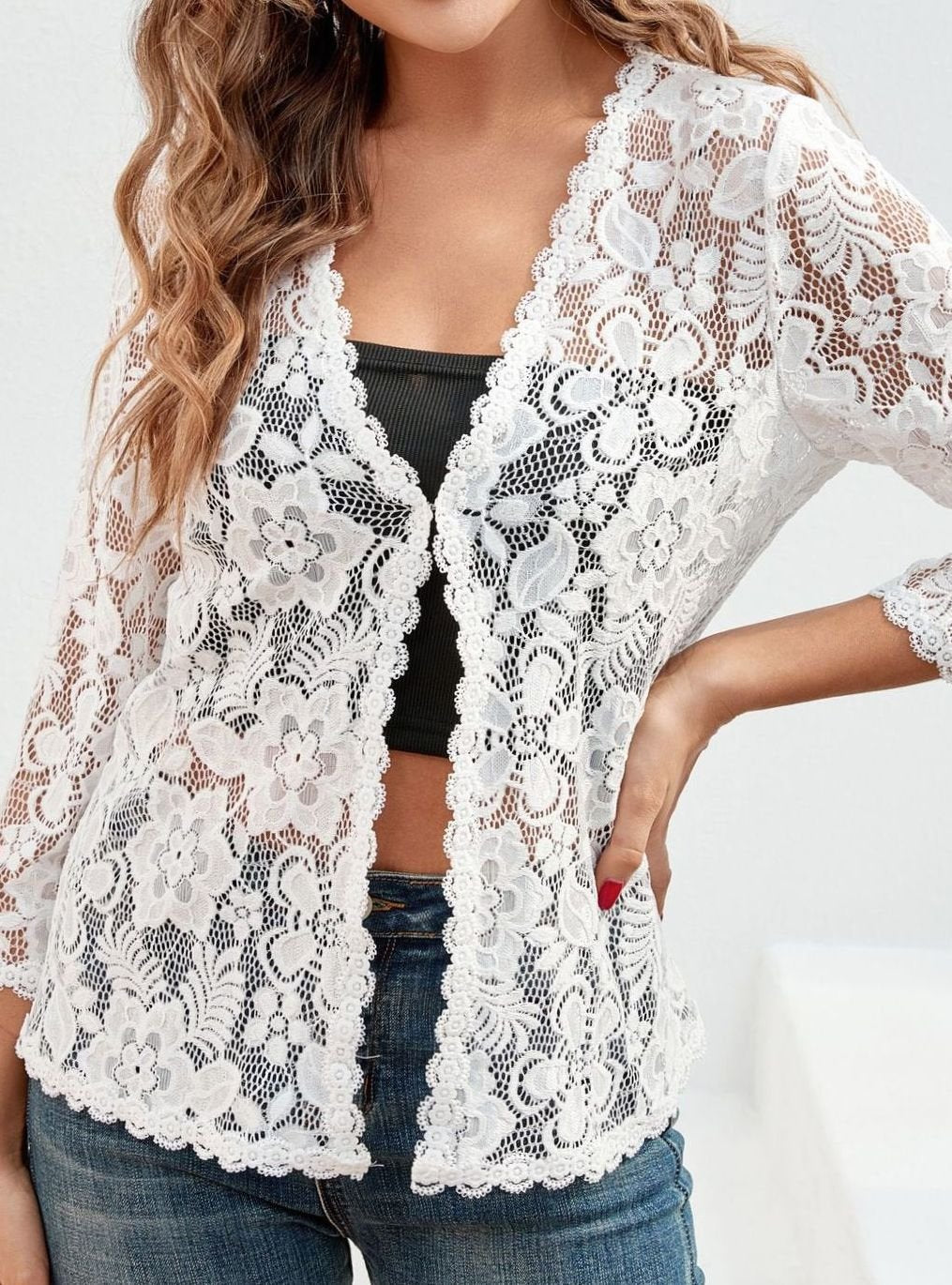 Women's Floral Lace Open-Front 3/4 Sleeve Cardigan