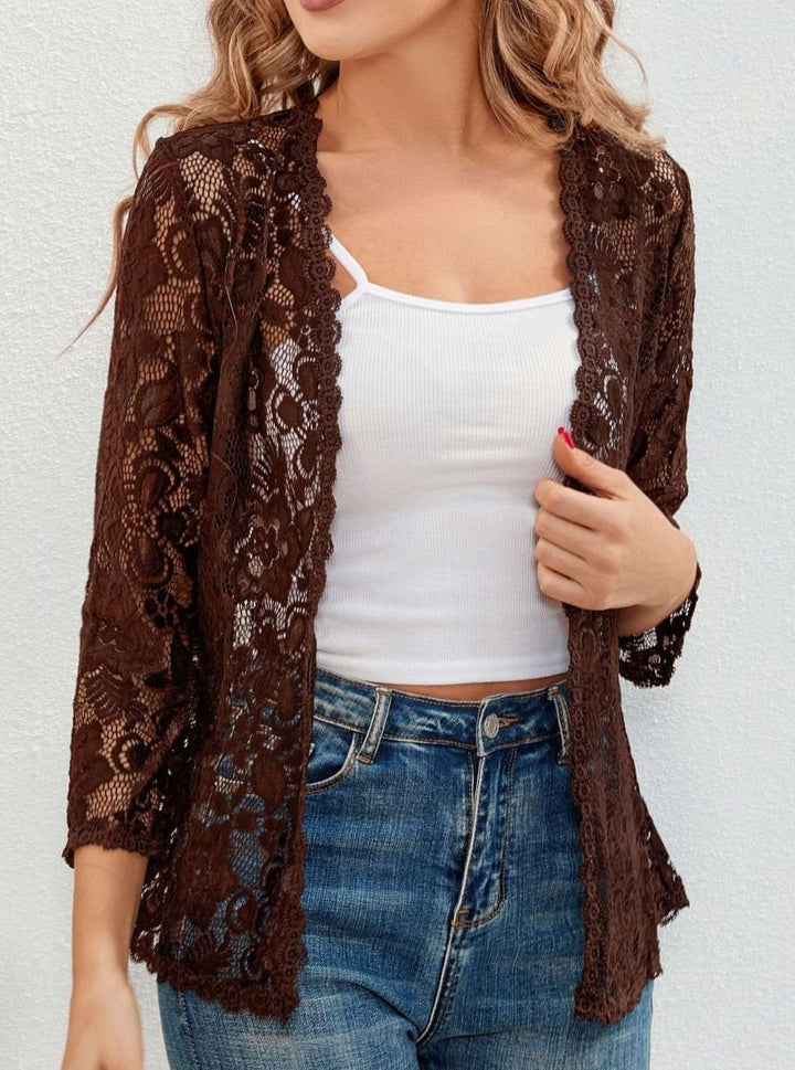 Women's Floral Lace Open-Front 3/4 Sleeve Cardigan