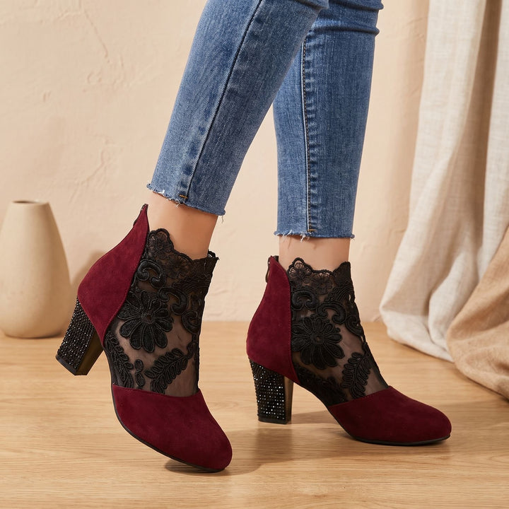Women's Floral Lace-Panel Block-Heel Ankle Booties - Wine