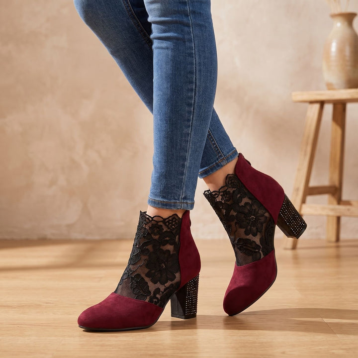 Women's Floral Lace-Panel Block-Heel Ankle Booties